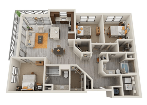 Floor plan for 3 beds, 2 baths, 1371 sqft